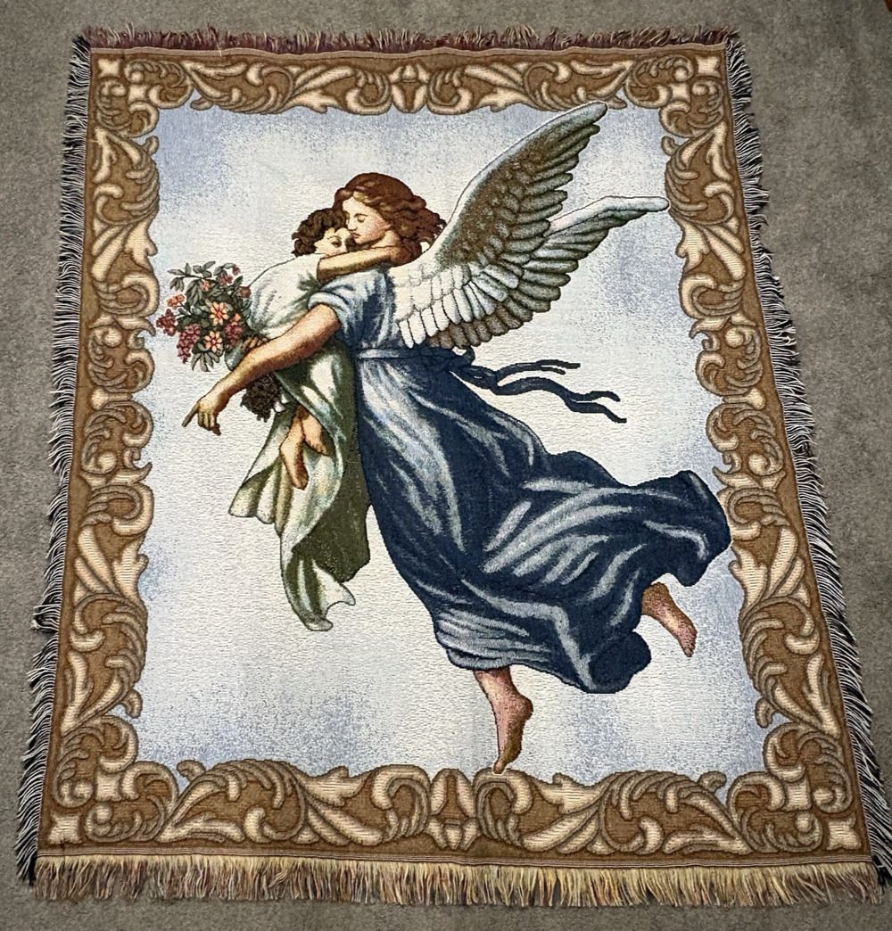 Vintage American Weavers Guardian Angel Throw Tapestry Wall Hanging 48 X 57
